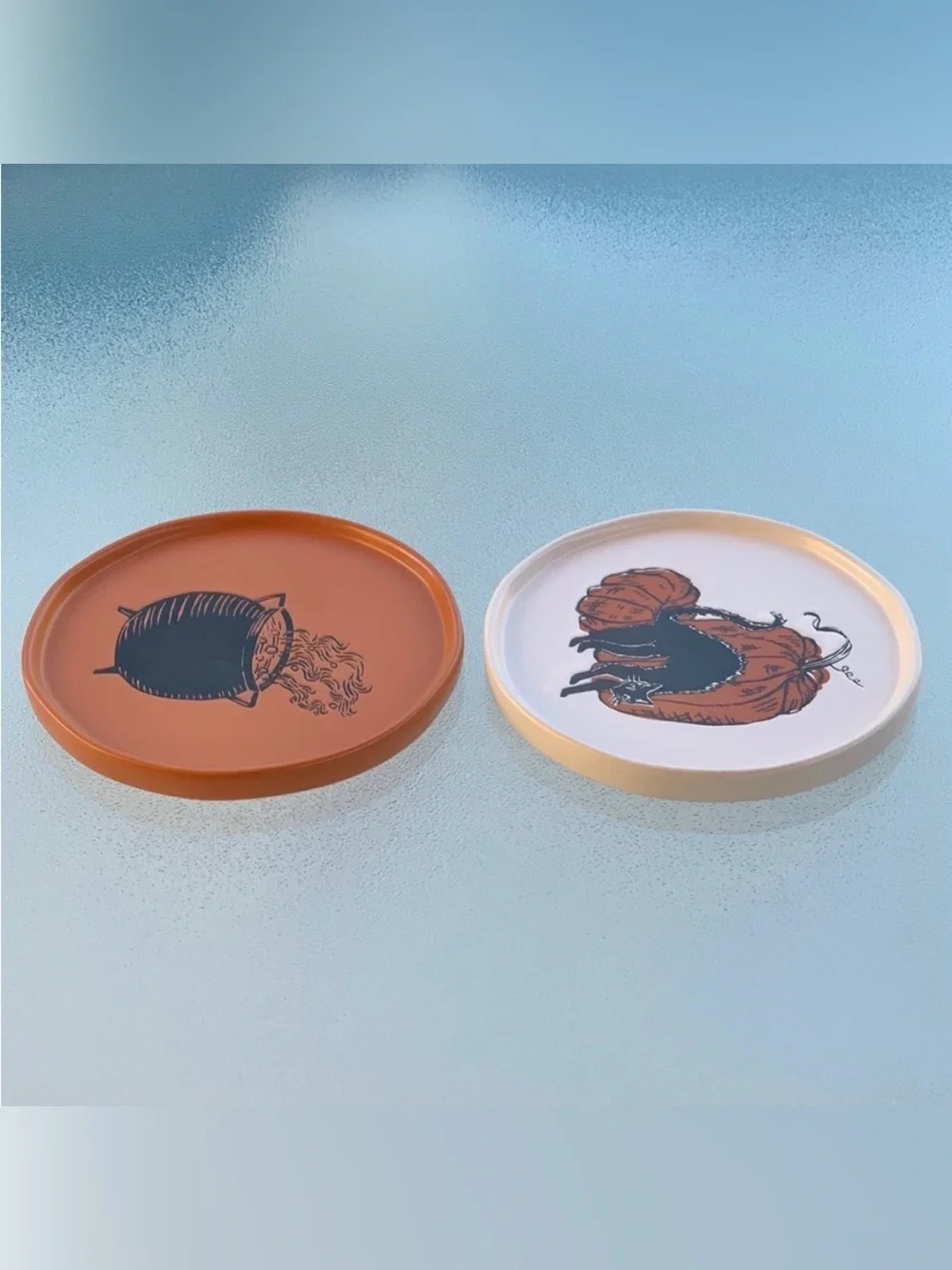 Halloween Stoneware Scared Cat and Cauldron Appetizer Plates ~ Set of 2